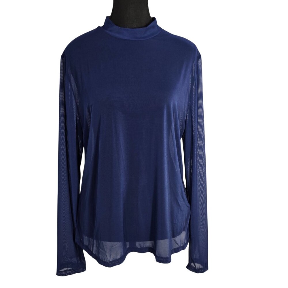 NWT  Cozyease Navy Blue Sheer Mesh Mock Neck Long Sleeve Layering Top | XXL Plus